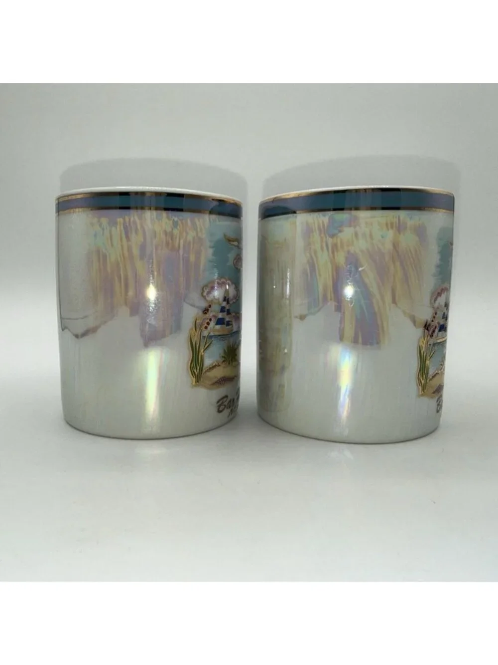 Bar Harbor Maine Souvenir Mug Pair Iridescent &Gold Trim Coffee Coastal Scene